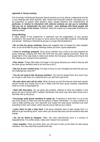 Appendix 6: Group working

The University of Edinburgh Business School expects you to be ethical, professional and fair
in your dealings with other students, staff, visitors and corporate contacts. We expect you to
be supportive, to respect other people’s views, display tolerance and understanding. In
particular, in relation to interaction with external contacts we ask you to remember
that you are an ambassador for your school - your dealings with these people will
affect the image of the school. Therefore, allow two weeks as a reasonable timeframe for
making contact.

Group Working
A major aspect of the programme is teamwork and the presentation of your group's
conclusions. We would like to pass on some advice from past MBA students, in Edinburgh
and abroad. Working in international groups is a major skill development.

▪ Be on time for group meetings. Being late suggests lack of respect for other people's
time, so do not be late for group meetings unless you have a good explanation.

▪ Come to meetings prepared. Every group member has a duty to be well prepared for
group meetings, bringing with them the work that has been agreed previously. Study the
assignment or the case study in detail even before the first group meeting and bring to that
first meeting your answers to the questions.

▪ Plan ahead. Things often take a lot longer in the group because you need to discuss with
the other group members what to do and how to do it.

▪ Get out of your comfort zone. It is easy to focus on your strengths but does this give you
the challenge you came for?

▪ You do not need to like all group members. You have to respect them and, even if you
do not get on with them on a personal level, you still have a job to do.

▪ Be clear about who will do what. When divvying up work first discuss what each section
should include and maybe how to do it. Make sure the each group member understands
what he or she is responsible for.

▪ Deal with free-riders. Do not ignore the problem. Attempt to solve the problem in the
group but call in School staff if needed. Remember that some may have been forced into a
free-rider role by the group.

▪ Encourage quiet group members to speak up. If someone is quiet then it is up to the
rest of the group to make sure that this person is heard. Remember – in many cultures it is
rude to keep pushing your own argument and maybe the quiet group members just work
according to their own culture, which may be just as right as your culture.

▪ Learn when to take a step back. If all group members want to take charge then it is
difficult to get something done. Learn when you should step back and let someone else take
charge.

▪ Do not be afraid to disagree. Often, the most well-informed work is a product of
disagreements. If a conflict arises, make sure it doesn’t turn personal.

▪ Have empathy. There are times when you will have to pick up the slack for other group
members. You may need that yourself some day.



                                             24
 