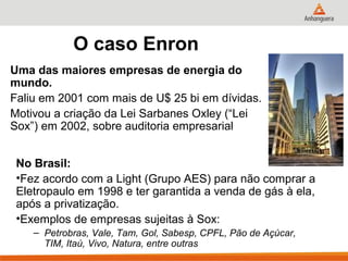 O caso Enron
Uma das maiores empresas de energia do
mundo.
Faliu em 2001 com mais de U$ 25 bi em dívidas.
Motivou a criação da Lei Sarbanes Oxley (“Lei
Sox”) em 2002, sobre auditoria empresarial


 No Brasil:
 •Fez acordo com a Light (Grupo AES) para não comprar a
 Eletropaulo em 1998 e ter garantida a venda de gás à ela,
 após a privatização.
 •Exemplos de empresas sujeitas à Sox:
    – Petrobras, Vale, Tam, Gol, Sabesp, CPFL, Pão de Açúcar,
      TIM, Itaú, Vivo, Natura, entre outras
 
