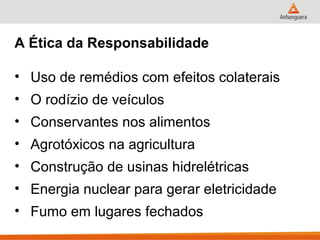 A Ética da Responsabilidade

• Uso de remédios com efeitos colaterais
• O rodízio de veículos
• Conservantes nos alimentos
• Agrotóxicos na agricultura
• Construção de usinas hidrelétricas
• Energia nuclear para gerar eletricidade
• Fumo em lugares fechados
 
