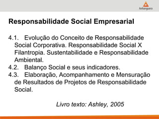 Responsabilidade Social Empresarial

4.1. Evolução do Conceito de Responsabilidade
  Social Corporativa. Responsabilidade Social X
  Filantropia. Sustentabilidade e Responsabilidade
  Ambiental.
4.2. Balanço Social e seus indicadores.
4.3. Elaboração, Acompanhamento e Mensuração
  de Resultados de Projetos de Responsabilidade
  Social.

                Livro texto: Ashley, 2005
 