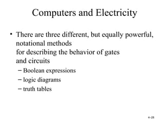 Computers and Electricity
• There are three different, but equally powerful,
notational methods
for describing the behavior of gates
and circuits
– Boolean expressions
– logic diagrams
– truth tables
4–28
 