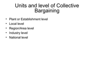 Units and level of Collective
Bargaining
• Plant or Establishment level
• Local level
• Region/Area level
• Industry level
• National level
 