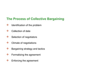The Process of Collective Bargaining
 Identification of the problem
 Collection of date
 Selection of negotiators
 Climate of negotiations
 Bargaining strategy and tactics
 Formalising the agreement
 Enforcing the agreement
 