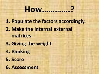 How………….?
1. Populate the factors accordingly.
2. Make the internal external
matrices
3. Giving the weight
4. Ranking
5. Score
6. Assessment
 