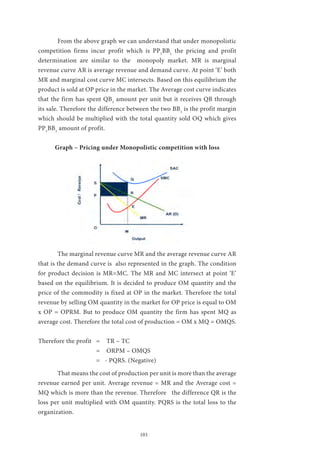 101
	 From the above graph we can understand that under monopolistic
competition firms incur profit which is PP1
BB1
the pricing and profit
determination are similar to the monopoly market. MR is marginal
revenue curve AR is average revenue and demand curve. At point ‘E’ both
MR and marginal cost curve MC intersects. Based on this equilibrium the
product is sold at OP price in the market. The Average cost curve indicates
that the firm has spent QB1
amount per unit but it receives QB through
its sale. Therefore the difference between the two BB1
is the profit margin
which should be multiplied with the total quantity sold OQ which gives
PP1
BB1
amount of profit.
Graph – Pricing under Monopolistic competition with loss
	 The marginal revenue curve MR and the average revenue curve AR
that is the demand curve is also represented in the graph. The condition
for product decision is MR=MC. The MR and MC intersect at point ‘E’
based on the equilibrium. It is decided to produce OM quantity and the
price of the commodity is fixed at OP in the market. Therefore the total
revenue by selling OM quantity in the market for OP price is equal to OM
x OP = OPRM. But to produce OM quantity the firm has spent MQ as
average cost. Therefore the total cost of production = OM x MQ = OMQS.
Therefore the profit	 = TR – TC
	 		 = ORPM – OMQS
	 = - PQRS. (Negative)
	 That means the cost of production per unit is more than the average
revenue earned per unit. Average revenue = MR and the Average cost =
MQ which is more than the revenue. Therefore the difference QR is the
loss per unit multiplied with OM quantity. PQRS is the total loss to the
organization.
 