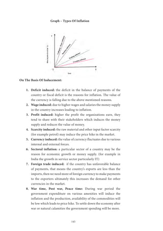 145
Graph – Types Of Inflation
On The Basis Of Inducement:
1.	 Deficit induced: the deficit in the balance of payments of the
country or fiscal deficit is the reasons for inflation. The value of
the currency is falling due to the above mentioned reasons.
2.	 Wage induced: due to higher wages and salaries the money supply
in the country increases leading to inflation.
3.	 Profit induced: higher the profit the organizations earn, they
tend to share with their stakeholders which induces the money
supply and reduces the value of money.
4.	 Scarcity induced: the raw material and other input factor scarcity
(for example petrol) may induce the price hike in the market.
5.	 Currency induced: the value of currency fluctuates due to various
internal and external forces.
6.	 Sectoral inflation: a particular sector of a country may be the
reason for economic growth or money supply. (for example in
India the growth in service sector particularly IT)
7.	 Foreign trade induced: if the country has unfavorable balance
of payments, that means the country’s exports are less than the
imports, then we need more of foreign currency to make payments
to the exporters ultimately this increases the demand for other
currencies in the market.
8.	 War time, Post war, Peace time: During war period the
government expenditure on various amenities will induce the
inflation and the production, availability of the commodities will
be low which leads to price hike. To settle down the economy after
war or natural calamities the government spending will be more.
 