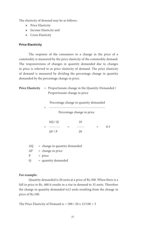 25
The elasticity of demand may be as follows:
ՖՖ Price Elasticity
ՖՖ Income Elasticity and
ՖՖ Cross Elasticity
Price Elasticity
	 The response of the consumers to a change in the price of a
commodity is measured by the price elasticity of the commodity demand.
The responsiveness of changes in quantity demanded due to changes
in price is referred to as price elasticity of demand. The price elasticity
of demand is measured by dividing the percentage change in quantity
demanded by the percentage change in price.
Price Elasticity =	 Proportionate change in the Quantity Demanded /
			 Proportionate change in price
		 	 Percentage change in quantity demanded
		 = ----------------------------------------------
	 		 	 Percentage change in price
		 	 ΔQ / Q 		 10
		 =	 --------- 	 =	 ------		 =	 0.5
			 ΔP / P			 20
	 ΔQ 	 = change in quantity demanded
	 ΔP 	 = change in price
	 P 	 = price
	 Q 	 = quantity demanded
For example:
	 Quantity demanded is 20 units at a price of Rs.500. When there is a
fall in price to Rs. 400 it results in a rise in demand to 32 units. Therefore
the change in quantity demanded is12 units resulting from the change in
price of Rs.100.
The Price Elasticity of Demand is = 500 / 20 x 12/100 = 3
 