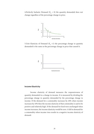 28
4.Perfectly Inelastic Demand (Ed
= 0) the quantity demanded does not
change regardless of the percentage change in price.
5.Unit Elasticity of Demand (Ed
=1) the percentage change in quantity
demanded is the same as the percentage change in price that caused it.
Income Elasticity
	 Income elasticity of demand measures the responsiveness of
quantity demanded to a change in income. It is measured by dividing the
percentage change in quantity demanded by the percentage change in
income. If the demand for a commodity increases by 20% when income
increases by 10% then the income elasticity of that commodity is said to be
positive and relatively high. If the demand for food were unchanged when
income increases, the income elasticity would be zero. A fall in demand for
a commodity when income rises results in a negative income elasticity of
demand.
 