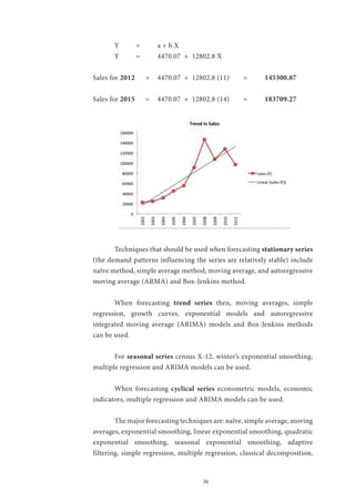 36
	 Y	 =	 a + b X
	 Y	 =	 4470.07 + 12802.8 X
Sales for 2012 =	 4470.07 + 12802.8 (11)	 =	 145300.87
Sales for 2015 =	 4470.07 + 12802.8 (14)	 =	 183709.27
	 Techniques that should be used when forecasting stationary series
(the demand patterns influencing the series are relatively stable) include
naïve method, simple average method, moving average, and autoregressive
moving average (ARMA) and Box-Jenkins method.
	 When forecasting trend series then, moving averages, simple
regression, growth curves, exponential models and autoregressive
integrated moving average (ARIMA) models and Box-Jenkins methods
can be used.
	For seasonal series census X-12, winter’s exponential smoothing,
multiple regression and ARIMA models can be used.
	 When forecasting cyclical series econometric models, economic
indicators, multiple regression and ARIMA models can be used.
	 The major forecasting techniques are: naïve, simple average, moving
averages, exponential smoothing, linear exponential smoothing, quadratic
exponential smoothing, seasonal exponential smoothing, adaptive
filtering, simple regression, multiple regression, classical decomposition,
 