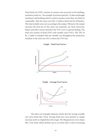 64
Total fixed cost (TFC) consists of various costs incurred on the building,
machinery, land, etc.. For example if you have spent Rs. 2 Lakhs and bought
machinery and building which is used to produce more than one batch of
commodity, then the same cost of Rs. 2 Lakhs is fixed cost for all batches.
The total variable costs vary according to the output. Whenever the output
increases the firm has to buy more raw materials, use more electricity,
labour and other sources therefore the TVC curve is upward sloping. The
total cost consists of fixed (TFC) and variable costs (TVC). The TFC of
Rs. 2 Lakhs is included with the variable cost throughout the production
schedule so the total cost (TC) is above the TVC line.
Graph – Total Cost Curves
Graph – Average Cost Curves
	 The above set of graphs indicates clearly that the average variable
cost curve looks like a boat. Average fixed cost curve declines as output
increases and it is a hyperbola to the origin. The Marginal cost curve slopes
like a tick mark which declines up to an extent then it starts increasing
 