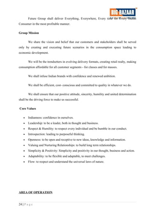 Future Group shall deliver Everything, Everywhere, Every time for Every Indian
Consumer in the most profitable manner.
Group Mission
We share the vision and belief that our customers and stakeholders shall be served
only by creating and executing future scenarios in the consumption space leading to
economic development.
We will be the trendsetters in evolving delivery formats, creating retail realty, making
consumption affordable for all customer segments - for classes and for masses.
We shall infuse Indian brands with confidence and renewed ambition.
We shall be efficient, cost- conscious and committed to quality in whatever we do.
We shall ensure that our positive attitude, sincerity, humility and united determination
shall be the driving force to make us successful.
Core Values
• Indianness: confidence in ourselves.
• Leadership: to be a leader, both in thought and business.
• Respect & Humility: to respect every individual and be humble in our conduct.
• Introspection: leading to purposeful thinking.
• Openness: to be open and receptive to new ideas, knowledge and information.
• Valuing and Nurturing Relationships: to build long term relationships.
• Simplicity & Positivity: Simplicity and positivity in our thought, business and action.
• Adaptability: to be flexible and adaptable, to meet challenges.
• Flow: to respect and understand the universal laws of nature.
AREA OF OPERATION
24 | P a g e
 