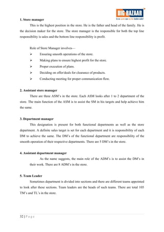 1. Store manager
This is the highest position in the store. He is the father and head of the family. He is
the decision maker for the store. The store manager is the responsible for both the top line
responsibility is sales and the bottom line responsibility is profit.
Role of Store Manager involves—
 Ensuring smooth operations of the store.
 Making plans to ensure highest profit for the store.
 Proper execution of plans.
 Deciding on offer/deals for clearance of products.
 Conducting meeting for proper communication flow.
2. Assistant store manager
There are three ASM’s in the store. Each ASM looks after 1 to 2 department of the
store. The main function of the ASM is to assist the SM in his targets and help achieve him
the same.
3. Department manager
This designation is present for both functional departments as well as the store
department. A definite sales target is set for each department and it is responsibility of each
DM to achieve the same. The DM’s of the functional department are responsibility of the
smooth operation of their respective departments. There are 5 DM’s in the store.
4. Assistant department manager
As the name suggests, the main role of the ADM’s is to assist the DM’s in
their work. There are 8 ADM’s in the store.
5. Team Leader
Sometimes department is divided into sections and there are different teams appointed
to look after these sections. Team leaders are the heads of such teams. There are total 105
TM’s and TL’s in the store.
32 | P a g e
 