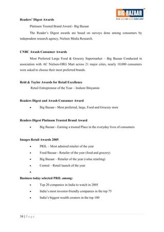 Readers’ Digest Awards
Platinum Trusted Brand Award - Big Bazaar
The Reader’s Digest awards are based on surveys done among consumers by
independent research agency, Nielsen Media Research.
CNBC Awash Consumer Awards
Most Preferred Large Food & Grocery Supermarket – Big Bazaar Conducted in
association with AC Nielsen-ORG Mart across 21 major cities, nearly 10,000 consumers
were asked to choose their most preferred brands.
Reid & Taylor Awards for Retail Excellence
Retail Entrepreneur of the Year – Inshore Binyamin
Readers Digest and Awash Consumer Award
• Big Bazaar - Most preferred, large, Food and Grocery store
Readers Digest Platinum Trusted Brand Award
• Big Bazaar - Earning a trusted Place in the everyday lives of consumers
Images Retail Awards 2005
• PRIL – Most admired retailer of the year
• Food Bazaar - Retailer of the year (food and grocery)
• Big Bazaar – Retailer of the year (value retailing)
• Central – Retail launch of the year
•
Business today selected PRIL among:
• Top 20 companies in India to watch in 2005
• India’s most investor-friendly companies in the top 75
• India’s biggest wealth creators in the top 100
38 | P a g e
 