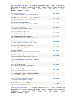 www.andhracolleges.com - The complete information about Colleges, Institutes and
Universities in Andhra Pradesh and Seminar Topics, Entrance Exams, Admission
Notifications,  Scholarships, JNTU    Online   Bits   and    Previous     Papers,
EAMCET/AIEEE/IIT Papers.
DBB Institute of PG Studies                                            View Profile
67/3, 4 Narayahnavanam Road, Puttur - 517 583, Chittoor Dist.,


DCRM (Daggubati Chenchu Ramaiah Memorial) PG College                   View Profile
Gangavaram Road, Inkollu (M) - 523 167, Prakasam Dist.


Deccan College of Engineering &Tech                                    View Profile
Dar-us-Salam, Near Nampally, Aghapur, Hyderabad - 500 001.


Deccan School of Management                                            View Profile
Dar-Us-Salam, Nampally, Hyderabad - 500 001.


Dhanvanthari Institute of Management                                   View Profile
Sciences, Sujathanagar, Kothagudem, Khammam Dist. - 507 101.


DJR Institute of Engineering & Technology                              View Profile
Velpur (V), Via gudavalli, Vijayawada, Krishna Dist. - 521 104.


DNR (Dantuluri Narayana Raju) College PG Courses                       View Profile
Sy.No.448/1, Balusumudi, Bhimavaram - 534202, W.G.Dist.


Don Bosco Institute of Technology & Science                            View Profile
5th Mile, Pulladigunta, Korenepadu, Vaticherukura, Guntur Dist.


Don Bosco PG College                                                   View Profile
5th Mile, Kornepadu, Pulladigunta, Vatticherukuru (M), Guntur Dist.,


Dr.AER College of Management Studies & Research                        View Profile
Chittagunta Ramapuram, Ramachandrapuram, Chittoor Dist.


Dr.B.R.Ambedkar Institute of Management & Technology                   View Profile
Baghlingampally, Hyderabad


Dr.CSN Degree & PG College                                             View Profile
Near Industrial Estate, Bhimavaram - 534 203, W.G.Dist.,


Dr.Jyothirmai Degree College                                           View Profile
Behind APHB Colony, Rama Jala Road, Adoni, Kurnool Dist.


Dr.K.V.Subba Reddy College of Engineering For Women                    View Profile
Opp: Dupadu R.S. Kallur (M), Kurnool Dist - 518 218


Dr.K.V.Subba Reddy Institute of Management                             View Profile
Opp: Dupadu, R.S.National Highway-7, Kurnool


Dr.K.V.Subba Reddy Institute of MCA                                    View Profile
Opp: Dupadu, RS, Allagadda, Kurnool Dist.


www.andhracolleges.com - The complete information about Colleges, Institutes and
Universities in Andhra Pradesh and Seminar Topics, Entrance Exams, Admission
Notifications,  Scholarships, JNTU    Online   Bits   and    Previous     Papers,
EAMCET/AIEEE/IIT Papers.
 