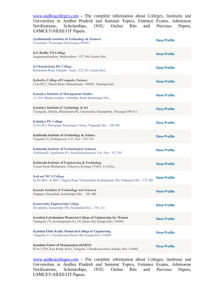 www.andhracolleges.com - The complete information about Colleges, Institutes and
Universities in Andhra Pradesh and Seminar Topics, Entrance Exams, Admission
Notifications,  Scholarships, JNTU    Online   Bits   and    Previous     Papers,
EAMCET/AIEEE/IIT Papers.
Jyothismathi Institute of Technology & Sciences                                             View Profile
Nustulapur, Thimmapur, Karimnagar-505481.


K.C.Reddy PG College                                                                        View Profile
Jangamguntlapalem, Medikonduru - 522 348, Guntur Dist.,


K.Chandrakala PG College                                                                    View Profile
Burripalem Road, Nelpadu, Tenali - 522 201, Guntur Dist.,


Kakatiya College of Computer Science                                                        View Profile
23-6-203/2, Hunter Road, Hanamkonda - 506002, Warangal dist.,


Kakatiya Institute of Management Studies                                                    View Profile
3-1-363, Bharat complex, Ambedkar Road, Karimnagar Dist.,


Kakatiya Institute of Technology & Sci                                                      View Profile
Yerragutta, Hillock, Bheemaram(M), Cheemaram, Hasanparthy, Warangal-506 015.


Kakatiya PG College                                                                         View Profile
Sy.No.363, Marriguda, Suryanagar Colony, Nalgonda Dist. - 508 002.


Kakinada Institute of Technology & Science                                                  View Profile
Tirupathi (V), Peddapuram, E.G. Dist. - 533 433


Kakinada Institute of Technological Sciences                                                View Profile
Ambikapalli, Agraharam (V), Ramachandrapuram, E.G. Dist - 533 255


Kakinada Institute of Engineering & Technology                                              View Profile
Yanam Road, Metlapalem, Tallarevu, Korangi-533461, E.G.Dist.,


Kalyani MCA College                                                                         View Profile
Sy.No.486/1 & 486/3, Ongole Road, Ethamukkala, Kothapatnam (M), Prakasam Dist. - 523 280.


Kamala Institute of Technology and Sciences                                                 View Profile
Singapur, Huzurabad, Karimnagar Dist., - 505 468.


Kamareddy Engineering College                                                               View Profile
Devanpally, Kamareddy (M), Nizamabad Dist., - 503 111.


Kandula Lakshumma Memorial College of Engineering for Women                                 View Profile
Thadigotla (V), Krishnapuram (P), CK Dinne (M), Kadapa Dist.-516003.


Kandula Obul Reddy Memorial College of Engineering                                          View Profile
Tadigotla (V), Chintakomma Dinne (M), Kadapa Dist.-516003.


Kandula School of Management (KSRM)                                                         View Profile
H.No.3/429, Raja Reddy Street, Tadigotla, Chintakommadina, Kadapa Dist.-516003.


www.andhracolleges.com - The complete information about Colleges, Institutes and
Universities in Andhra Pradesh and Seminar Topics, Entrance Exams, Admission
Notifications,  Scholarships, JNTU    Online   Bits   and    Previous     Papers,
EAMCET/AIEEE/IIT Papers.
 