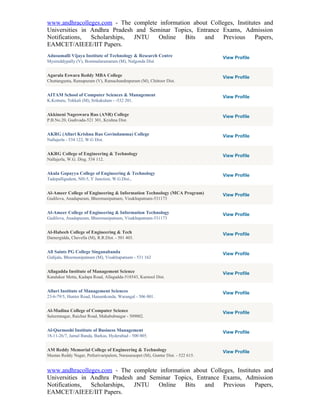 www.andhracolleges.com - The complete information about Colleges, Institutes and
Universities in Andhra Pradesh and Seminar Topics, Entrance Exams, Admission
Notifications,  Scholarships, JNTU    Online   Bits   and    Previous     Papers,
EAMCET/AIEEE/IIT Papers.
Adusumalli Vijaya Institute of Technology & Research Centre                       View Profile
Mysireddypally (V), Bommalaramaram (M), Nalgonda Dist.


Agarala Eswara Reddy MBA College                                                  View Profile
Chuttangunta, Ramapuram (V), Ramachandrapuram (M), Chittoor Dist.


AITAM School of Computer Sciences & Management                                    View Profile
K.Kotturu, Tekkali (M), Srikakulam - -532 201.


Akkineni Nageswara Rao (ANR) College                                              View Profile
P.B.No.20, Gudivada-521 301, Krishna Dist.


AKRG (Alluri Krishna Rao Govindamma) College                                      View Profile
Nallajerla - 534 122, W.G Dist.


AKRG College of Engineering & Technology                                          View Profile
Nallajerla, W.G. Disg. 534 112.


Akula Gopayya College of Engineering & Technology                                 View Profile
Tadepalligudem, NH-5, Y Junction, W.G.Dist.,


Al-Ameer College of Engineering & Information Technology (MCA Program)            View Profile
Gudilova, Anadapuram, Bheemunipatnam, Visakhapatnam-531173


Al-Ameer College of Engineering & Information Technology                          View Profile
Gudilova, Anadapuram, Bheemunipatnam, Visakhapatnam-531173


Al-Habeeb College of Engineering & Tech                                           View Profile
Damergidda, Chevella (M), R.R.Dist. - 501 403.


All Saints PG College Singanabanda                                                View Profile
Gidijala, Bheemunipatnam (M), Visakhapatnam - 531 162


Allagadda Institute of Management Science                                         View Profile
Kandukur Metta, Kadapa Road, Allagadda-518543, Kurnool Dist.


Alluri Institute of Management Sciences                                           View Profile
23-6-79/5, Hunter Road, Hanamkonda, Warangal - 506 001.


Al-Madina College of Computer Science                                             View Profile
Saleemnagar, Raichur Road, Mahabubnagar - 509002.


Al-Qurmoshi Institute of Business Management                                      View Profile
18-11-26/7, Jamal Banda, Barkas, Hyderabad - 500 005.


AM Reddy Memorial College of Engineering & Technology                             View Profile
Mastan Reddy Nagar, Petlurivaripalem, Narasaraopet (M), Guntur Dist. - 522 615.


www.andhracolleges.com - The complete information about Colleges, Institutes and
Universities in Andhra Pradesh and Seminar Topics, Entrance Exams, Admission
Notifications,  Scholarships, JNTU    Online   Bits   and    Previous     Papers,
EAMCET/AIEEE/IIT Papers.
 