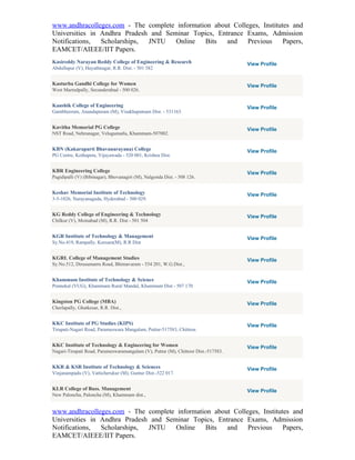 www.andhracolleges.com - The complete information about Colleges, Institutes and
Universities in Andhra Pradesh and Seminar Topics, Entrance Exams, Admission
Notifications,  Scholarships, JNTU    Online   Bits   and    Previous     Papers,
EAMCET/AIEEE/IIT Papers.
Kasireddy Narayan Reddy College of Engineering & Research                           View Profile
Abdullapur (V), Hayathnagar, R.R. Dist. - 501 582


Kasturba Gandhi College for Women                                                   View Profile
West Marredpally, Secunderabad - 500 026.


Kaushik College of Engineering                                                      View Profile
Gambheeram, Anandapuram (M), Visakhapatnam Dist. - 531163.


Kavitha Memorial PG College                                                         View Profile
NST Road, Nehrunagar, Velugumatla, Khammam-507002.


KBN (Kakaraparti Bhavanarayana) College                                             View Profile
PG Centre, Kothapeta, Vijayawada - 520 001, Krishna Dist.


KBR Engineering College                                                             View Profile
Pagidipalli (V) (Bibinagar), Bhovanagiri (M), Nalgonda Dist. - 508 126.


Keshav Memorial Institute of Technology                                             View Profile
3-5-1026, Narayanaguda, Hyderabad - 500 029.


KG Reddy College of Engineering & Technology                                        View Profile
Chilkur (V), Moinabad (M), R.R. Dist - 501 504


KGR Institute of Technology & Management                                            View Profile
Sy.No.419, Rampally, Keesara(M), R.R Dist


KGRL College of Management Studies                                                  View Profile
Sy.No.512, Dirusumarru Road, Bhimavaram - 534 201, W.G.Dist.,


Khammam Institute of Technology & Science                                           View Profile
Ponnekal (VUG), Khammam Rural Mandal, Khammam Dist - 507 170


Kingston PG College (MBA)                                                           View Profile
Cherlapally, Ghatkesar, R.R. Dist.,


KKC Institute of PG Studies (KIPS)                                                  View Profile
Tirupati-Nagari Road, Parameswara Mangalam, Puttur-517583, Chittoor.


KKC Institute of Technology & Engineering for Women                                 View Profile
Nagari-Tirupati Road, Parameswaramangalam (V), Puttur (M), Chittoor Dist.-517583.


KKR & KSR Institute of Technology & Sciences                                        View Profile
Vinjanampadu (V), Vatticherukur (M), Guntur Dist.-522 017.


KLR College of Buss. Management                                                     View Profile
New Paloncha, Paloncha (M), Khammam dist.,


www.andhracolleges.com - The complete information about Colleges, Institutes and
Universities in Andhra Pradesh and Seminar Topics, Entrance Exams, Admission
Notifications,  Scholarships, JNTU    Online   Bits   and    Previous     Papers,
EAMCET/AIEEE/IIT Papers.
 