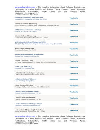 www.andhracolleges.com - The complete information about Colleges, Institutes and
Universities in Andhra Pradesh and Seminar Topics, Entrance Exams, Admission
Notifications,  Scholarships, JNTU    Online   Bits   and    Previous     Papers,
EAMCET/AIEEE/IIT Papers.
Krishnaveni Engineering College for Women                                         View Profile
Kesanaupalli (V), Narasaraopet (M), Guntur Dist-522 601


Krishnaveni Institute of Technology                                               View Profile
9-1-29/5, Sy.No.154/1/A, Langer House, Gandipet Road, Hyderabad - 500 008.


KRR Institute of Information Technology                                           View Profile
Ghatkesar (V & M) -501 310, R.R.Dist.,


Kshatriya College of Engineering                                                  View Profile
Chepur, NH-16, Armoor, Perkit, Nizamabad Dist. - 503 224.


KSRM (Kandula) College of Engineering (MCA)                                       View Profile
H.No.3/429, Raja Reddy Street, Tadigotla, Chintakommadina, Kadapa Dist.-516003.


KSRM College of Engineering                                                       View Profile
Yerramasupalli, Kadapa Dist.-516003.


Kunda College of Technology & Management                                          View Profile
Buddana Palle, Agiripalli (M), Krishna dist.


Kuppam Engineering College                                                        View Profile
KES Nagar, Peddabanganatham (V), Kuppam (M) -517425, Chittoor Dist.


KVR KVR & MKR College                                                             View Profile
Khajipalem - 522329, Guntur Dist.,


Lakkireddy Balireddy College of Engineering                                       View Profile
L.B.Reddy Nagar, Mylavaram, Krishna Dist.-521230.


Lal Bahadur College (PG Centre)                                                   View Profile
Sardar Patel Marg, Warangal Dist.,


Lalitha Degree & PG College                                                       View Profile
Venkatapur (V), Korremula, Ghatkesar (M), R.R.Dist.-501301.


Laqshya College of Computer Studies                                               View Profile
Tanikella, Konderla (M), Khammam - 507 001.


Laqshya College of Management                                                     View Profile
Tanikella, Konderla (M), Khammam - 507 001.


Laqshya Institute of Technology & Sciences                                        View Profile
Tenikella (V), Konderla (M), Khammam Dist.


Lendi Institute of Engineering & Technology                                       View Profile
Jonnada (V), Denkada, Vizaianagaram Dist. - 535 005


www.andhracolleges.com - The complete information about Colleges, Institutes and
Universities in Andhra Pradesh and Seminar Topics, Entrance Exams, Admission
Notifications,  Scholarships, JNTU    Online   Bits   and    Previous     Papers,
EAMCET/AIEEE/IIT Papers.
 