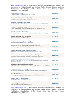 www.andhracolleges.com - The complete information about Colleges, Institutes and
Universities in Andhra Pradesh and Seminar Topics, Entrance Exams, Admission
Notifications,  Scholarships, JNTU    Online   Bits   and    Previous     Papers,
EAMCET/AIEEE/IIT Papers.
Mahatma Gandhi College                                                                    View Profile
Chilakaluripet Road, Edulapalem, Guntur Dist. - 522019.


Mahaveer Institute of Sciences & Technology                                               View Profile
Vyasapuri, Bandlaguda, Kesavagiri, Hyderabad - 500 005.


Mahboobia Panjetan PG College (MBA)                                                       View Profile
# 7-186, Sy.No.524, Janikunta, Gorrekunta, Janpak, Geesukonda, Warangal Dist.-506013.


Maheshwara Engineering College                                                            View Profile
Chitkul, Isnapur X Road, Patencheru, Medak Dist. - 502307, (Bapuji Engg. Coll.)


Maheshwara Institute of Technology                                                        View Profile
Chitkul (V), Isnapur X Road, Patencheru, Medak Dist.-502307. (Jatipita Coll. of Engg.)


Malineni Lakshmaiah (ML) MBA College                                                      View Profile
Kanumalla Singarayakonda, Prakasam Dist.


Malineni Lakshmaiah Engineering College                                                   View Profile
Kanumalla, Singarayakonda-523 101, Prakasam Dist.,


Malineni Lakshmaiah Institute of Engineering & Technology                                 View Profile
Near Ramannapalem, North Raju Palem (V), Kodavaluru, Nellore Dist.-524366.


Malineni Lakshmaiah Women's Engineering College                                           View Profile
Pulladigunta (V), Kornepadu (Post), Vatticherukuru, Guntur Dist.-522017.


Malineni Perumallu Educational Society's Group of Colleges                                View Profile
(Integrated Campus) Pulladigunta, Karnapadu, Vatticherukuru, Guntur Dist.

Malla Reddy College of Engineering for Women
Sy.No.43, 46, 47, 48, 53, 113, 114, 115, 116, 128, 130, Suraram 'X' Road, Quthubullapur   View Profile
Municipality, R.R. Dist

Malla Reddy Engineering College for Women                                                 View Profile
Sy.No.640/A, 641/2, 646/C, Maisammaguda, Dhulapally, Via Hakimpet, Sec-bad-500014.


Malla Reddy Institute of Technology & Sci                                                 View Profile
Sy.No.640-646, Mysammaguda, Dhulapally, Gundlapochampally, Medchal, R.R.Dist.,


Malla Reddy PG College                                                                    View Profile
Mysammaguda, Dhulapally, Gundlapochampally, Medchal, R.R.Dist.-500014.


Manair College of Computer Science                                                        View Profile
Near VV Palem, Wyra Road, Khammam-318.


Manair College of Management                                                              View Profile
Near VV Palem, Wyra Road, Khammam - 507002.


www.andhracolleges.com - The complete information about Colleges, Institutes and
Universities in Andhra Pradesh and Seminar Topics, Entrance Exams, Admission
Notifications,  Scholarships, JNTU    Online   Bits   and    Previous     Papers,
EAMCET/AIEEE/IIT Papers.
 