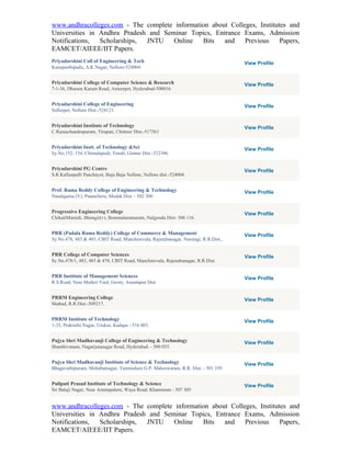 www.andhracolleges.com - The complete information about Colleges, Institutes and
Universities in Andhra Pradesh and Seminar Topics, Entrance Exams, Admission
Notifications,  Scholarships, JNTU    Online   Bits   and    Previous     Papers,
EAMCET/AIEEE/IIT Papers.
Priyadarshini Coll of Engineering & Tech                                             View Profile
Kanuparthipadu, A.K.Nagar, Nellore-524004.


Priyadarshini College of Computer Science & Research                                 View Profile
7-1-36, Dharam Karam Road, Ameerpet, Hyderabad-500016.


Priyadarshini College of Engineering                                                 View Profile
Sullurpet, Nellore Dist.-524121.


Priyadarshini Institute of Technology                                                View Profile
C.Ramachandrapuram, Tirupati, Chittoor Dist.-517561


Priyadarshini Instt. of Technology &Sci                                              View Profile
Sy.No.152, 154, Chintalapudi, Tenali, Guntur Dist.-522306.


Priyadarshini PG Centre                                                              View Profile
S.R.Kallunpalli Panchayat, Buja Buja Nellore, Nellore dist.-524004.


Prof. Rama Reddy College of Engineering & Technology                                 View Profile
Nandigama (V), Patancheru, Medak Dist. - 502 300


Progressive Engineering College                                                      View Profile
ChikatiMamidi, Bhongir(v), Bommalaramaram, Nalgonda Dist- 508 116.


PRR (Padala Rama Reddy) College of Commerce & Management                             View Profile
Sy.No.478, 483 & 485, CBIT Road, Manchirevula, Rajendranagar, Narsingi, R.R.Dist.,


PRR College of Computer Sciences                                                     View Profile
Sy.No.478/1, 483, 485 & 478, CBIT Road, Manchirevula, Rajendranagar, R.R.Dist.


PRR Institute of Management Sciences                                                 View Profile
R.S.Road, Near Market Yard, Gooty, Anantapur Dist


PRRM Engineering College                                                             View Profile
Shabad, R.R.Dist.-509217.


PRRM Institute of Technology                                                         View Profile
1-35, Prakruthi Nagar, Utukur, Kadapa - 516 003.


Pujya Shri Madhavanji College of Engineering & Technology                            View Profile
Shanthivanam, Nagarjunasagar Road, Hyderabad. - 500 035.


Pujya Shri Madhavanji Institute of Science & Technology                              View Profile
Bhagavathipuram, Mohabatnagar, Tummuluru G.P. Maheswaram, R.R. Dist. - 501 359


Pulipati Prasad Institute of Technology & Science                                    View Profile
Sri Balaji Nagar, Near Ammapalem, Waya Road, Khammam - 507 305


www.andhracolleges.com - The complete information about Colleges, Institutes and
Universities in Andhra Pradesh and Seminar Topics, Entrance Exams, Admission
Notifications,  Scholarships, JNTU    Online   Bits   and    Previous     Papers,
EAMCET/AIEEE/IIT Papers.
 
