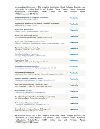 www.andhracolleges.com - The complete information about Colleges, Institutes and
Universities in Andhra Pradesh and Seminar Topics, Entrance Exams, Admission
Notifications,  Scholarships, JNTU    Online   Bits   and    Previous     Papers,
EAMCET/AIEEE/IIT Papers.
Rajamahendri Institute of Engineering & Technology                                  View Profile
Bhupalapatnam, Rajahmundry, E.G. Dist.


Rajeev Ganghi Memorial (RGM) College of Engineering & Technology                    View Profile
Nandyal, P.B.No.22, Kurnool - 518 501.


Rajiv Gandhi Degree College                                                         View Profile
Luthergiri, Opp.APP Mills, Rajahmundry, E.G.Dist.-533003.


Rajiv Gandhi Institute of PG Studies                                                View Profile
#125, Thimmapuram, Ramanayyapeta, Kakinada-533005, E.G.Dist.


Rajiv Gandhi Institute of Management Sciences                                       View Profile
R.S.No.124, Thimmapuram, Ramanayyapeta, Kakinada - 533 005, Sarpavaram, E.G.Dist.


Rajiv Institute of Computer Technology                                              View Profile
Bypass Road, Tanuku - 534 211, W.G.Dist.


Ramachandra College of Engineering                                                  View Profile
Vatluru (V), Peddapadu (M), Eluru - 534007, W.G.Dist.,


Ramana Inst of Tech                                                                 View Profile
Z.P.High School, Pedatadepalli, Tadepalligudem, W.G.dist.,


Ramanandatirtha Engineering College                                                 View Profile
Ramanada Nagar, Cherlagowraram (V), Kangal, Nalgonda Dist.- 508 004


Ramappa Engineering College                                                         View Profile
Maheshwaram, Hunter Road, Shyampet Jagir, Hanamkonda, Warangal Dist., - 506 101.


Ramaraja Institute of Technology & Science                                          View Profile
C.Ramapuram, Ramachandrapuram (M), Tirupati, Chittoor Dist.-517561


Rami Reddy Subbarami Reddy Engineering College                                      View Profile
NH-5, Kadanuthala (V), Bogole (M), Kavali, Nellore dist.-524142.


Rangumudri MCA College                                                              View Profile
Chilakalapalli (PO), Balijipeta (M), Vizianagaram Dist.


Rao & Naidu Engineering College (SSN College of Engineering)                        View Profile
Near South By-pass Road, Ongole-523001, Prakasam Dist.


Rao's Institute of Management Studies                                               View Profile
Chemudugunta, Venkatachalam (M), Nellore Dist. - 524 320.


Ratnam Institute of Computer Sciences & Management                                  View Profile
Pidathapolur, Muthukur (M), Nellore Dist.-524346.


www.andhracolleges.com - The complete information about Colleges, Institutes and
Universities in Andhra Pradesh and Seminar Topics, Entrance Exams, Admission
Notifications,  Scholarships, JNTU    Online   Bits   and    Previous     Papers,
EAMCET/AIEEE/IIT Papers.
 