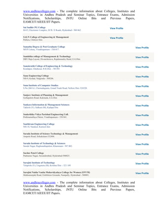 www.andhracolleges.com - The complete information about Colleges, Institutes and
Universities in Andhra Pradesh and Seminar Topics, Entrance Exams, Admission
Notifications,  Scholarships, JNTU    Online   Bits   and    Previous     Papers,
EAMCET/AIEEE/IIT Papers.
Sai Sudhir PG College                                                  View Profile
B-8/2, Electronic Complex, ECIL X Roads, Hyderabad - 500 062.


SALN College of Engineering & Management                               View Profile
Palluru, Chittoor Dist.


Samatha Degree & Post Graduate College                                                View Profile
MVP Colony, Visakhapatnam - 530 017.


Samhitha college of Management & Technology                                           View Profile
DBV Raju Layout, Divancheruvu, Rajahmundry Rural, E.G.Dist.


Samskruthi College of Engineering & Technology                                        View Profile
Kondapur, Ghatkesar, R.R.Dist. - 501301


Sana Engineering College                                                              View Profile
NH-9, Kodad, Nalgonda - 508206.


Sana Institute of Computer Studies                                                    View Profile
S.No.260/A1, Chemudugunta, Grand Trunk Road, Nellore Dist.-524320.


Sanjeev Institute of Planning & Management                                            View Profile
Gollapalem Road, Kakinada, E.G.Dist.


Sankara Information & Management Sciences                                             View Profile
Takkolu (V), Sidhout (M), Kadapa Dist.


Sankethika Vidya Parishad Engineering Coll.                                           View Profile
Pothinamallaya Palem, Visakhapatnam - 530 041.


Santhiram Engineering College                                                         View Profile
NH-18, Nandyal, Kurnool dist.


Sarada Institute of Science Technology & Management                                   View Profile
Ampolu Road, Srikakulam-532404.


Sarada Institute of Technology & Sciences                                             View Profile
Sarada Nagar, Raghunathapalem, Khammam - 507 002.


Sardar Patel College                                                                  View Profile
Padmarao Nagar, Secunderabad, Hyderabad-500025.


Sarojini Institute of Technology                                                      View Profile
Telaprolu (V), Unguturu (M), Krishna Dist. - 521 109


Sarojini Naidu Vanita Mahavidyalaya College for Women (SNVM)                          View Profile
Mukkaramjahi Road, Exhibition Grounds, Nampally, Hyderabad - 500001.


www.andhracolleges.com - The complete information about Colleges, Institutes and
Universities in Andhra Pradesh and Seminar Topics, Entrance Exams, Admission
Notifications,  Scholarships, JNTU    Online   Bits   and    Previous     Papers,
EAMCET/AIEEE/IIT Papers.
 