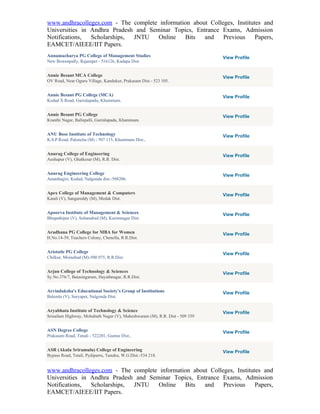 www.andhracolleges.com - The complete information about Colleges, Institutes and
Universities in Andhra Pradesh and Seminar Topics, Entrance Exams, Admission
Notifications,  Scholarships, JNTU    Online   Bits   and    Previous     Papers,
EAMCET/AIEEE/IIT Papers.
Annamacharya PG College of Management Studies                                 View Profile
New Bowenpally, Rajampet - 516126, Kadapa Dist.


Annie Besant MCA College                                                      View Profile
OV Road, Near Oguru Village, Kandukur, Prakasam Dist.- 523 105.


Annie Besant PG College (MCA)                                                 View Profile
Kodad X Road, Gurralapadu, Khammam.


Annie Besant PG College                                                       View Profile
Kranthi Nagar, Ballepalli, Gurralapadu, Khammam.


ANU Bose Institute of Technology                                              View Profile
K.S.P.Road, Paloncha (M) - 507 115, Khammam Dist.,


Anurag College of Engineering                                                 View Profile
Aushapur (V), Ghatkesar (M), R.R. Dist.


Anurag Engineering College                                                    View Profile
Ananthagiri, Kodad, Nalgonda dist.-508206.


Apex College of Management & Computers                                        View Profile
Kandi (V), Sangareddy (M), Medak Dist.


Apoorva Institute of Management & Sciences                                    View Profile
Bhupathipur (V), Sultanabad (M), Karimnagar Dist.


Aradhana PG College for MBA for Women                                         View Profile
H.No.14-39, Teachers Colony, Chenella, R.R.Dist.


Aristotle PG College                                                          View Profile
Chilkur, Moinabad (M)-500 075, R.R.Dist.


Arjun College of Technology & Sciences                                        View Profile
Sy.No.376/7, Batasingaram, Hayathnagar, R.R.Dist.


Arvindaksha's Educational Society's Group of Institutions                     View Profile
Balemla (V), Suryapet, Nalgonda Dist.


Aryabhata Institute of Technology & Science                                   View Profile
Srisailam Highway, Mohabath Nagar (V), Maheshwaram (M), R.R. Dist - 509 359


ASN Degree College                                                            View Profile
Prakasam Road, Tenali - 522201, Guntur Dist.,


ASR (Akula Sriramulu) College of Engineering                                  View Profile
Bypass Road, Tetali, Pydiparru, Tanuku, W.G.Dist.-534 218.


www.andhracolleges.com - The complete information about Colleges, Institutes and
Universities in Andhra Pradesh and Seminar Topics, Entrance Exams, Admission
Notifications,  Scholarships, JNTU    Online   Bits   and    Previous     Papers,
EAMCET/AIEEE/IIT Papers.
 