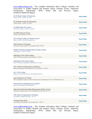 www.andhracolleges.com - The complete information about Colleges, Institutes and
Universities in Andhra Pradesh and Seminar Topics, Entrance Exams, Admission
Notifications,  Scholarships, JNTU    Online   Bits   and    Previous     Papers,
EAMCET/AIEEE/IIT Papers.
Sir CR Reddy College of Engineering                                                         View Profile
Vatluru, Eluru - 534 007, W.G.Dist.


Sir CR Reddy College PG Management                                                          View Profile
Vatluru, Eluru - 534 007, W.G.Dist.


Sir CRR College (PG Courses)                                                                View Profile
Vatluru Post, Eluru - 534 007, W.G.Dist.,


Sir CRR College for Women                                                                   View Profile
Vatluru, Eluru-534006, W.G.Dist.,


Sir CV Raman College of Computer Sciences                                                   View Profile
Podili (V & M) - 523 240, Prakasam Dist.


Siriki Institute of Technology                                                              View Profile
Ramnagar, Srungavarapukota, Vizianagaram Dist.-535145.


SKBR (Sri Konaseema Bhanoji Ramars) Degree College                                          View Profile
Amalapuram - 533201, E.G.Dist.


SKD Degree & PG Women College                                                               View Profile
Opp.TTD Kalyanamandapam, Rajahmundry, E.G.Dist.,


SKR Degree & PG Women College                                                               View Profile
Opp.TTD Kalyana Mandapam, Rajahmundry, E.G.Dist.,


SLC’s Institute of Engineering & Technology                                                 View Profile
Piglipur, Hayathnagar, Near Ramoji Film City, R.R.Dist. - 501 512.


SLC’s MCA College                                                                           View Profile
Piglipur, Near Ramoji Film City, Hayathnagar, R.R.Dist.


Spaces Institute for PG Studies                                                             View Profile
NH-5, Sriprakash Campus, P.L.Puram, Namavaram, Payakaraopeta-531126, Visakhapatnam dist.,


Spark Institute of Management & Computers                                                   View Profile
Kandi (V), Sangareddy (M), Medak Dist.


Sphoorthy Engineering College (Bhagyanagar Institute of Tech)                               View Profile
Nadargul, Saroornagar (M), Near Vanasthalipuram, R.R. Dist.-501510


SPR College of Engineering & Technology                                                     View Profile
Ankushapur, Ghatkesar,R.R.Dist. - 501 301.


SR Engineering College                                                                      View Profile
Ananthasagar, Hasanparthy (M), Warangal Dist. - 506 371.


www.andhracolleges.com - The complete information about Colleges, Institutes and
Universities in Andhra Pradesh and Seminar Topics, Entrance Exams, Admission
Notifications,  Scholarships, JNTU    Online   Bits   and    Previous     Papers,
EAMCET/AIEEE/IIT Papers.
 