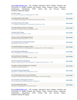 www.andhracolleges.com - The complete information about Colleges, Institutes and
Universities in Andhra Pradesh and Seminar Topics, Entrance Exams, Admission
Notifications,  Scholarships, JNTU    Online   Bits   and    Previous     Papers,
EAMCET/AIEEE/IIT Papers.
Sri Sai PG College                                                                                View Profile
Near Uyyalawada, Nagarkurnool, Mahabubnagar Dist.-509209.


Sri Sai Ram Institute of PG Studies                                                               View Profile
7-27, Tapathopu, North Rajupalem (V), Kodavalur (M), Nellore Dist.-524366.


Sri Sai Ram Institute of PG Studies                                                               View Profile
7-27, Tapathopu, North Rajupalem (V), Kodavalur (M), Nellore Dist.-524366.


Sri Sarada Institute of Science & Technology                                                      View Profile
Anantharam, Near Bibinagar, Bhongir, Nalgonda dist.-508116.


Sri Sathya Sai PG College                                                                         View Profile
Palivela, Kothapeta (M), E.G.Dist. - 533 229.


Sri Satya Narayana (SSN) Engineering Coll.                                                        View Profile
Kurnool Road, Ongole, Prakasam Dist., - 523 225.


Sri Seshachala Institute of Management Studies                                                    View Profile
Kanakampalem, Puttur, Chittoor Dist.,


Sri Seshachala Institute of Computer Studies                                                      View Profile
Sy.No.67-3,5,6,19,20 & 66-12/B, Kahakampalem, H/o.Vepagunta, Puttur - 517583, Chittoor Dist.,


Sri Sivani College of Engineering                                                                 View Profile
NH-5, Chilakalapalem Jn, Etcherla(M), Srikakulam - 532 402.


Sri Sivani Institute of Technology                                                                View Profile
Chilakapalem Jn. Etcherla (M), Srikakulam Dist. - 532 402


Sri Srinivasa Institute of Management                                                             View Profile
tadipatri to Anantapur Highway, Ravivenkatampalli (V), Tadipatri (M), Anantapur Dist. - 515411.


Sri Sunflower College of Engineering & Technology                                                 View Profile
Lankapalli, Ghantasala, Krishna Dist.,


Sri Vaishnavi College of Engineering                                                              View Profile
Singupuram (V), Srikakulam (M), Srikakulam Dist - 532185.


Sri Vani Educational Society Group of Institutions                                                View Profile
Chevuturu (V), G.Konduru (M), Krishna dist. (As per Affiliation "Sri Vani School of Mgt.")


Sri Vani Institute of Management & Sciences                                                       View Profile
NH-7, Bangalore Highway, Rudrampeta Bypass, Ananthapur dist.


Sri Vasavi Engineering College                                                                    View Profile
Pedathadepalli, Tadepalligudem-534101,W.Godavari Dist


www.andhracolleges.com - The complete information about Colleges, Institutes and
Universities in Andhra Pradesh and Seminar Topics, Entrance Exams, Admission
Notifications,  Scholarships, JNTU    Online   Bits   and    Previous     Papers,
EAMCET/AIEEE/IIT Papers.
 