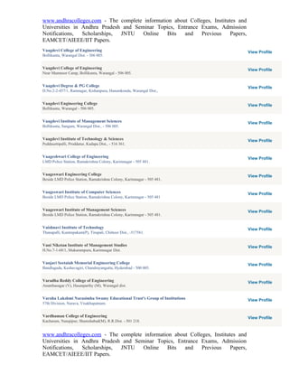 www.andhracolleges.com - The complete information about Colleges, Institutes and
Universities in Andhra Pradesh and Seminar Topics, Entrance Exams, Admission
Notifications,  Scholarships, JNTU    Online   Bits   and    Previous     Papers,
EAMCET/AIEEE/IIT Papers.
Vaagdevi College of Engineering                                                     View Profile
Bollikunta, Warangal Dist. - 506 005.


Vaagdevi College of Engineering                                                     View Profile
Near Mamnoor Camp, Bollikunta, Warangal - 506 005.


Vaagdevi Degree & PG College                                                        View Profile
D.No.2-2-457/1, Ramnagar, Kishanpura, Hanamkonda, Warangal Dist.,


Vaagdevi Engineering College                                                        View Profile
Bollikunta, Warangal - 506 005.


Vaagdevi Institute of Management Sciences                                           View Profile
Bollikunta, Sangam, Warangal Dist., - 506 005.


Vaagdevi Institute of Technology & Sciences                                         View Profile
Peddasettipalli, Proddatur, Kadapa Dist., - 516 361.


Vaageshwari College of Engineering                                                  View Profile
LMD Police Station, Ramakrishna Colony, Karimnagar - 505 481.


Vaageswari Engineering College                                                      View Profile
Beside LMD Police Station, Ramakrishna Colony, Karimnagar - 505 481.


Vaageswari Institute of Computer Sciences                                           View Profile
Beside LMD Police Station, Ramakrishna Colony, Karimnagar - 505 481


Vaageswari Institute of Management Sciences                                         View Profile
Beside LMD Police Station, Ramakrishna Colony, Karimnagar - 505 481.


Vaishnavi Institute of Technology                                                   View Profile
Thanapalli, Kuntrapakam(P), Tirupati, Chittoor Dist., -517561.


Vani Niketan Institute of Management Studies                                        View Profile
H.No.7-1-68/1, Mukarampura, Karimnagar Dist.


Vanjari Seetaiah Memorial Engineering College                                       View Profile
Bandlaguda, Keshavagiri, Chandrayangutta, Hyderabad - 500 005.


Varadha Reddy College of Engineering                                                View Profile
Ananthasagar (V), Hasanparthy (M), Warangal dist.


Varaha Lakshmi Narasimha Swamy Educational Trust's Group of Institutions            View Profile
57th Division, Narava, Visakhapatnam.


Vardhaman College of Engineering                                                    View Profile
Kacharam, Nanajipur, Shamshabad(M), R.R.Dist. - 501 218.


www.andhracolleges.com - The complete information about Colleges, Institutes and
Universities in Andhra Pradesh and Seminar Topics, Entrance Exams, Admission
Notifications,  Scholarships, JNTU    Online   Bits   and    Previous     Papers,
EAMCET/AIEEE/IIT Papers.
 