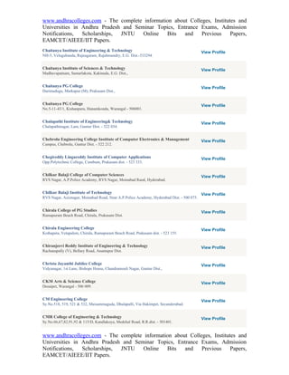 www.andhracolleges.com - The complete information about Colleges, Institutes and
Universities in Andhra Pradesh and Seminar Topics, Entrance Exams, Admission
Notifications,  Scholarships, JNTU    Online   Bits   and    Previous     Papers,
EAMCET/AIEEE/IIT Papers.
Chaitanya Institute of Engineering & Technology                                            View Profile
NH-5, Velugubanda, Rajnagaram, Rajahmundry, E.G. Dist.-533294.


Chaitanya Institute of Sciences & Technology                                               View Profile
Madhavapatnam, Samarlakota, Kakinada, E.G. Dist.,


Chaitanya PG College                                                                       View Profile
Darimadugu, Markapur (M), Prakasam Dist.,


Chaitanya PG College                                                                       View Profile
No.5-11-43/1, Kishanpura, Hanamkonda, Warangal - 506001.


Chalapathi Institute of Engineering& Technology                                            View Profile
Chalapathinagar, Lam, Guntur Dist. - 522 034.


Chebrolu Engineering College Institute of Computer Electronics & Management                View Profile
Campus, Chebrolu, Guntur Dist. - 522 212.


Chegireddy Lingareddy Institute of Computer Applications                                   View Profile
Opp.Polytechnic College, Cumbum, Prakasam dist. - 523 333.


Chilkur Balaji College of Computer Sciences                                                View Profile
RVS Nagar, A.P.Police Academy, RVS Nagar, Moinabad Raod, Hyderabad.


Chilkur Balaji Institute of Technology                                                     View Profile
RVS Nagar, Aziznagar, Moinabad Road, Near A.P.Police Academy, Hyderabad Dist. - 500 075.


Chirala College of PG Studies                                                              View Profile
Ramapuram Beach Road, Chirala, Prakasam Dist.


Chirala Engineering College                                                                View Profile
Kothapeta, Vetapalem, Chirala, Ramapuram Beach Road, Prakasam dist. - 523 155.


Chiranjeevi Reddy Institute of Engineering & Technology                                    View Profile
Rachanapally (V), Bellary Road, Anantapur Dist.


Christu Jayanthi Jubilee College                                                           View Profile
Vidyanagar, 1st Lane, Bishops House, Chandramouli Nagar, Guntur Dist.,


CKM Arts & Science College                                                                 View Profile
Desaipet, Warangal - 506 009.


CM Engineering College                                                                     View Profile
Sy.No.518, 519, 521 & 532, Maisammaguda, Dhulapalli, Via Hakimpet, Secunderabad.


CMR College of Engineering & Technology                                                    View Profile
Sy.No.66,67,82,91,92 & 115/D, Kandlakoya, Medchal Road, R.R.dist. - 501401.


www.andhracolleges.com - The complete information about Colleges, Institutes and
Universities in Andhra Pradesh and Seminar Topics, Entrance Exams, Admission
Notifications,  Scholarships, JNTU    Online   Bits   and    Previous     Papers,
EAMCET/AIEEE/IIT Papers.
 