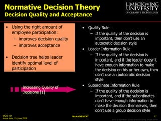 Normative Decision Theory Decision Quality and Acceptance <ul><li>Using the right amount of employee participation: </li><...