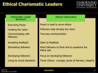 Ethical Charismatic Leaders Exercising Power Power is used to serve others Creating the vision Followers help develop the ...