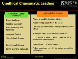 Unethical Charismatic Leaders Exercising Power Power is used to serve others Creating the vision Followers help develop th...