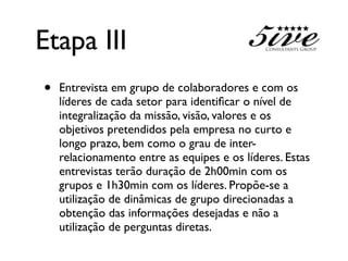 Etapa III
•   Entrevista em grupo de colaboradores e com os
    líderes de cada setor para identiﬁcar o nível de
    integralização da missão, visão, valores e os
    objetivos pretendidos pela empresa no curto e
    longo prazo, bem como o grau de inter-
    relacionamento entre as equipes e os líderes. Estas
    entrevistas terão duração de 2h00min com os
    grupos e 1h30min com os líderes. Propõe-se a
    utilização de dinâmicas de grupo direcionadas a
    obtenção das informações desejadas e não a
    utilização de perguntas diretas.
 