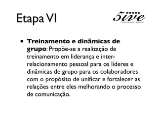 Etapa VI
• Treinamento e dinâmicas de
  grupo: Propõe-se a realização de
  treinamento em liderança e inter-
  relacionamento pessoal para os líderes e
  dinâmicas de grupo para os colaboradores
  com o propósito de uniﬁcar e fortalecer as
  relações entre eles melhorando o processo
  de comunicação.
 