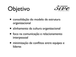 Objetivo
• consolidação do modelo de estrutura
  organizacional
• alinhamento da cultura organizacional
• foco na comunicação e relacionamento
  interpessoal
• minimização de conﬂitos entre equipes e
  líderes
 