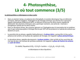 4- Photosynthèse,
Là où tout commence (3/5)
La photosynthèse se décompose en deux cycles
• Dans un premier temps, en présence de chlorophylle, la lumière décompose l’eau en éléments
primaires, libérant l’oxygène, l’hydrogène et de l’énergie chimique sous forme d’un coenzyme
appelé triphosphate d’adénosine (ATP), un élément clé de tous les êtres vivants capable de
déclencher des réactions chimiques sans y participer vraiment, une sorte de « monnaie »
énergétique utilisée par les êtres vivants.
• Dans un deuxième temps, des enzymes agissent sur l’hydrogène pour lui permettre de se combiner
avec le gaz carbonique grâce à l’énergie fournie par l’ATP afin de produire un hydrate de carbone qui
devient un sucre.
• La première de ces phases, appelée habituellement « la phase claire » puisqu’elle n’a lieu qu’en
présence de lumière, est la phase de captation de l’énergie. On l’appelle la phase photochimique.
• La deuxième phase, appelée abusivement « la phase sombre » bien qu’elle ait lieu aussi bien de
nuit que de jour, est la phase de synthèse carbonée. On l’appelle la phase de fixation du carbone
ou cycle de Calvin.
En réalité, l’équation 6 CO2 + 12 H2O + lumière --> C6H12O6 + 6 H2O + 6 O2
se décompose en deux équations :
@Michel_Barbeau - 06.78.96.15.33 - @StFlorent18400 13
 