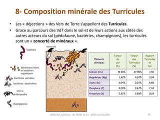 8- Composition minérale des Turricules
• Les « déjections » des Vers de Terre s’appellent des Turricules.
• Grace au parcours des VdT dans le sol et de leurs actions aux côtés des
autres acteurs du sol (pédofaune, bactéries, champignons), les turricules
sont un « concerté de minéraux ».
@Michel_Barbeau - 06.78.96.15.33 - @StFlorent18400 36
 
