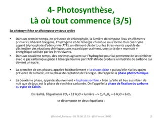 4- Photosynthèse,
Là où tout commence (3/5)
La photosynthèse se décompose en deux cycles
• Dans un premier temps, en présence de chlorophylle, la lumière décompose l’eau en éléments
primaires, libérant l’oxygène, l’hydrogène et de l’énergie chimique sous forme d’un coenzyme
appelé triphosphate d’adénosine (ATP), un élément clé de tous les êtres vivants capable de
déclencher des réactions chimiques sans y participer vraiment, une sorte de « monnaie »
énergétique utilisée par les êtres vivants.
• Dans un deuxième temps, des enzymes agissent sur l’hydrogène pour lui permettre de se combiner
avec le gaz carbonique grâce à l’énergie fournie par l’ATP afin de produire un hydrate de carbone qui
devient un sucre.
• La première de ces phases, appelée habituellement « la phase claire » puisqu’elle n’a lieu qu’en
présence de lumière, est la phase de captation de l’énergie. On l’appelle la phase photochimique.
• La deuxième phase, appelée abusivement « la phase sombre » bien qu’elle ait lieu aussi bien de
nuit que de jour, est la phase de synthèse carbonée. On l’appelle la phase de fixation du carbone
ou cycle de Calvin.
En réalité, l’équation 6 CO2 + 12 H2O + lumière --> C6H12O6 + 6 H2O + 6 O2
se décompose en deux équations :
@Michel_Barbeau - 06.78.96.15.33 - @StFlorent18400 13
 