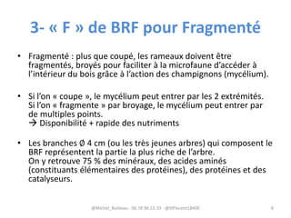 3- « F » de BRF pour Fragmenté
• Fragmenté : plus que coupé, les rameaux doivent être
fragmentés, broyés pour faciliter à la microfaune d’accéder à
l’intérieur du bois grâce à l’action des champignons (mycélium).
• Si l’on « coupe », le mycélium peut entrer par les 2 extrémités.
Si l’on « fragmente » par broyage, le mycélium peut entrer par
de multiples points.
 Disponibilité + rapide des nutriments
• Les branches ∅ 4 cm (ou les très jeunes arbres) qui composent le
BRF représentent la partie la plus riche de l’arbre.
On y retrouve 75 % des minéraux, des acides aminés
(constituants élémentaires des protéines), des protéines et des
catalyseurs.
@Michel_Barbeau - 06.78.96.15.33 - @StFlorent18400 8
 