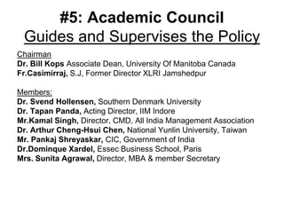 #5: Academic Council
 Guides and Supervises the Policy
Chairman
Dr. Bill Kops Associate Dean, University Of Manitoba Canada
Fr.Casimirraj, S.J, Former Director XLRI Jamshedpur

Members:
Dr. Svend Hollensen, Southern Denmark University
Dr. Tapan Panda, Acting Director, IIM Indore
Mr.Kamal Singh, Director, CMD, All India Management Association
Dr. Arthur Cheng-Hsui Chen, National Yunlin University, Taiwan
Mr. Pankaj Shreyaskar, CIC, Government of India
Dr.Dominque Xardel, Essec Business School, Paris
Mrs. Sunita Agrawal, Director, MBA & member Secretary
 