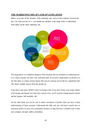 20
THE MARKETING MIX 4P’s AND 4P’s EXPLAINED
Before we go into all the elements of the marketing mix, and to avoid confusion between the
4p’s, 7p’s and even the 4c’s – you should pay attention at the image below to understand
what makes up the entire marketing mix.
The image above is a simplistic diagram of the elements that are included in a marketing mix.
It is a basic concept, but here’s the cold hard truth. If you don’t understand it in detail or at
all, then there is a fairly certain chance that you are missing out on the key ingredients that
will ensure scalable success from the ground up.
It has been said many, MANY times in business that if you don’t know your target market
well enough and figured out what they exactly want, you’ll commit entrepreneurial suicide
and the business will inevitably fail.
On the other hand, you can be sure to attract mountains of profits when you have a deep
understanding of these concepts. Understand this fully and you will know exactly how to
maximize profits on your own sustainable business or help become a valuable asset within
your company and gain endless promotions.
 