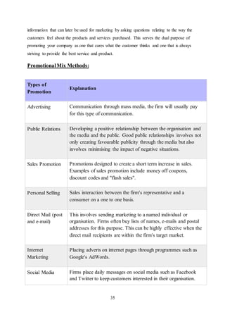 35
information that can later be used for marketing by asking questions relating to the way the
customers feel about the products and services purchased. This serves the dual purpose of
promoting your company as one that cares what the customer thinks and one that is always
striving to provide the best service and product.
PromotionalMix Methods:
Types of
Promotion
Explanation
Advertising Communication through mass media, the firm will usually pay
for this type of communication.
Public Relations Developing a positive relationship between the organisation and
the media and the public. Good public relationships involves not
only creating favourable publicity through the media but also
involves minimising the impact of negative situations.
Sales Promotion Promotions designed to create a short term increase in sales.
Examples of sales promotion include money off coupons,
discount codes and "flash sales".
Personal Selling Sales interaction between the firm's representative and a
consumer on a one to one basis.
Direct Mail (post
and e-mail)
This involves sending marketing to a named individual or
organisation. Firms often buy lists of names, e-mails and postal
addresses for this purpose. This can be highly effective when the
direct mail recipients are within the firm's target market.
Internet
Marketing
Placing adverts on internet pages through programmes such as
Google's AdWords.
Social Media Firms place daily messages on social media such as Facebook
and Twitter to keep customers interested in their organisation.
 