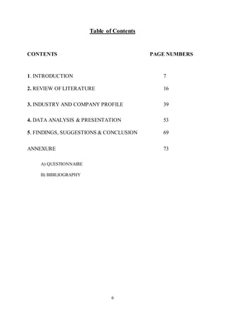 6
Table of Contents
CONTENTS PAGE NUMBERS
1. INTRODUCTION 7
2. REVIEW OF LITERATURE 16
3. INDUSTRY AND COMPANY PROFILE 39
4. DATA ANALYSIS & PRESENTATION 53
5. FINDINGS, SUGGESTIONS & CONCLUSION 69
ANNEXURE 73
A) QUESTIONNAIRE
B) BIBILIOGRAPHY
 