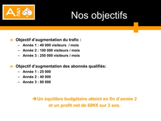 Nos objectifs

 Objectif d’augmentation du trafic :
    – Année 1 : 40 000 visiteurs / mois
    – Année 2 : 100 000 visiteurs / mois
    – Année 3 : 250 000 visiteurs / mois


 Objectif d’augmentation des abonnés qualifiés:
    – Année 1 : 25 000
    – Année 2 : 40 000
    – Année 3 : 80 000



            Un équilibre budgétaire atteint en fin d’année 2
                  et un profit net de 60K€ sur 3 ans.
 