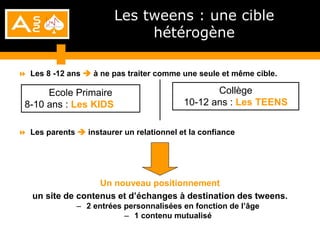 Les tweens : une cible
                             hétérogène

 Les 8 -12 ans  à ne pas traiter comme une seule et même cible.

      Ecole Primaire                             Collège
 8-10 ans : Les KIDS                      10-12 ans : Les TEENS


 Les parents  instaurer un relationnel et la confiance




                   Un nouveau positionnement
   un site de contenus et d’échanges à destination des tweens.
               – 2 entrées personnalisées en fonction de l’âge
                           – 1 contenu mutualisé
 