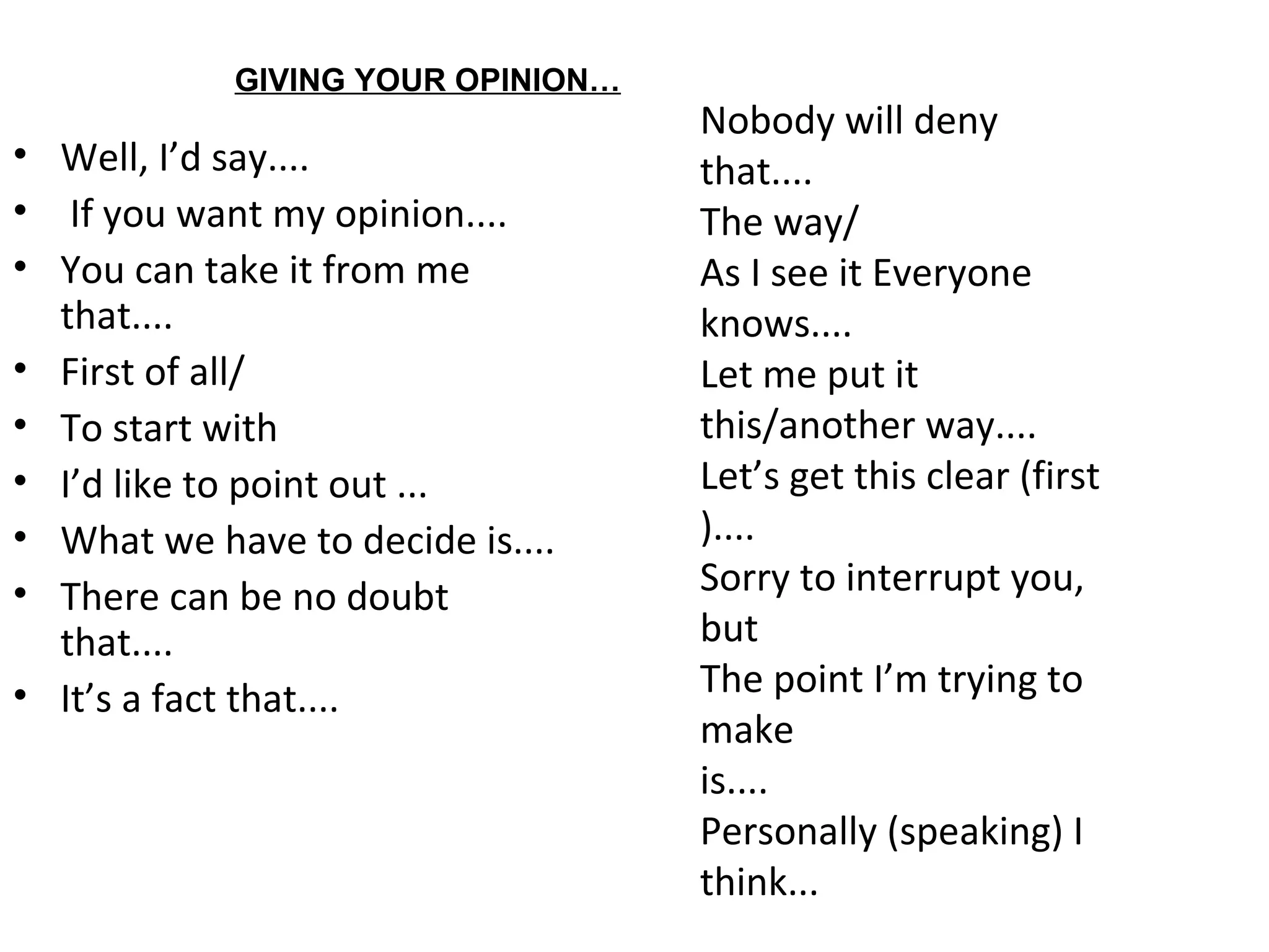 • Well, I’d say....
• If you want my opinion....
• You can take it from me
that....
• First of all/
• To start with
• I’d like to point out ...
• What we have to decide is....
• There can be no doubt
that....
• It’s a fact that....
Nobody will deny
that....
The way/
As I see it Everyone
knows....
Let me put it
this/another way....
Let’s get this clear (first
)....
Sorry to interrupt you,
but
The point I’m trying to
make
is....
Personally (speaking) I
think...
GIVING YOUR OPINION…
 