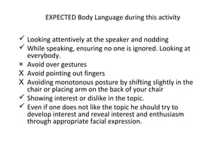 EXPECTED Body Language during this activity
 Looking attentively at the speaker and nodding
 While speaking, ensuring no one is ignored. Looking at
everybody.
× Avoid over gestures
X Avoid pointing out fingers
X Avoiding monotonous posture by shifting slightly in the
chair or placing arm on the back of your chair
 Showing interest or dislike in the topic.
 Even if one does not like the topic he should try to
develop interest and reveal interest and enthusiasm
through appropriate facial expression.
 