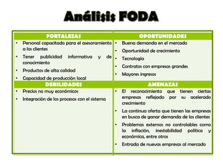 FORTALEZAS                                    OPORTUNIDADES
•   Personal capacitado para el asesoramiento •      Buena demanda en el mercado
    a los clientes                            •      Oportunidad de crecimiento
•   Tener publicidad informativa y de •              Tecnología
    conocimiento
                                              •      Contratos con empresas grandes
•   Productos de alta calidad
                                              •      Mayores ingresos
•   Capacidad de producción local
               DEBILIDADES                                        AMENAZAS
•   Precios no muy económicos                    •   El reconocimiento que tienen ciertas
•   Integración de los procesos con el sistema       empresas reflejado por su acelerado
                                                     crecimiento
                                                 •   La continua oferta que tienen las empresas
                                                     en busca de ganar demanda de los clientes
                                                 •   Problemas externos no controlables como
                                                     la inflación, inestabilidad política y
                                                     económica, entre otros
                                                 •   Entrada de nuevas empresas al mercado
 